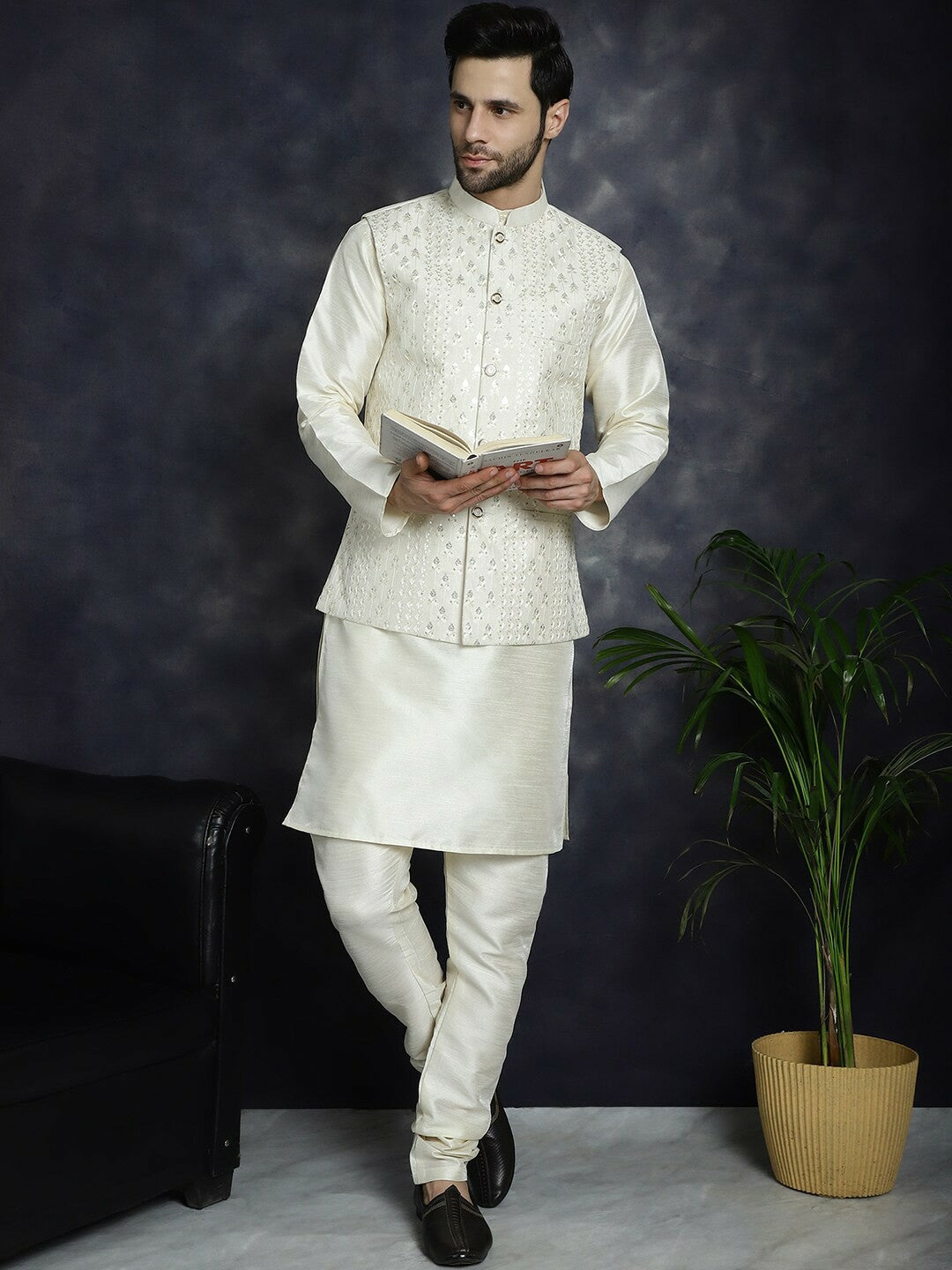 Men's White Embroidered & Sequined Nehru Jacket in Silk Blend