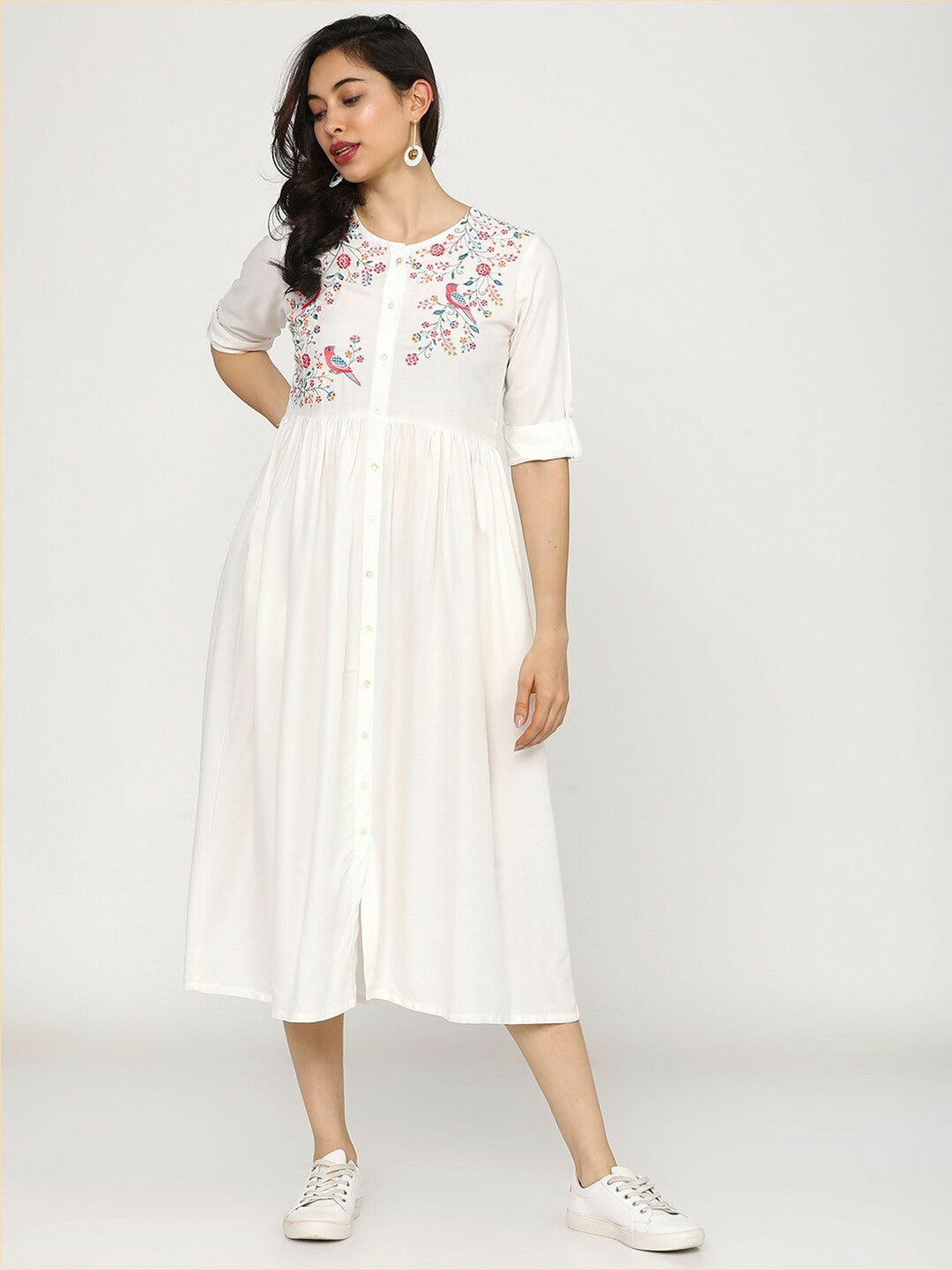 Off-White Embroidered A-Line Ethnic Dress for Women