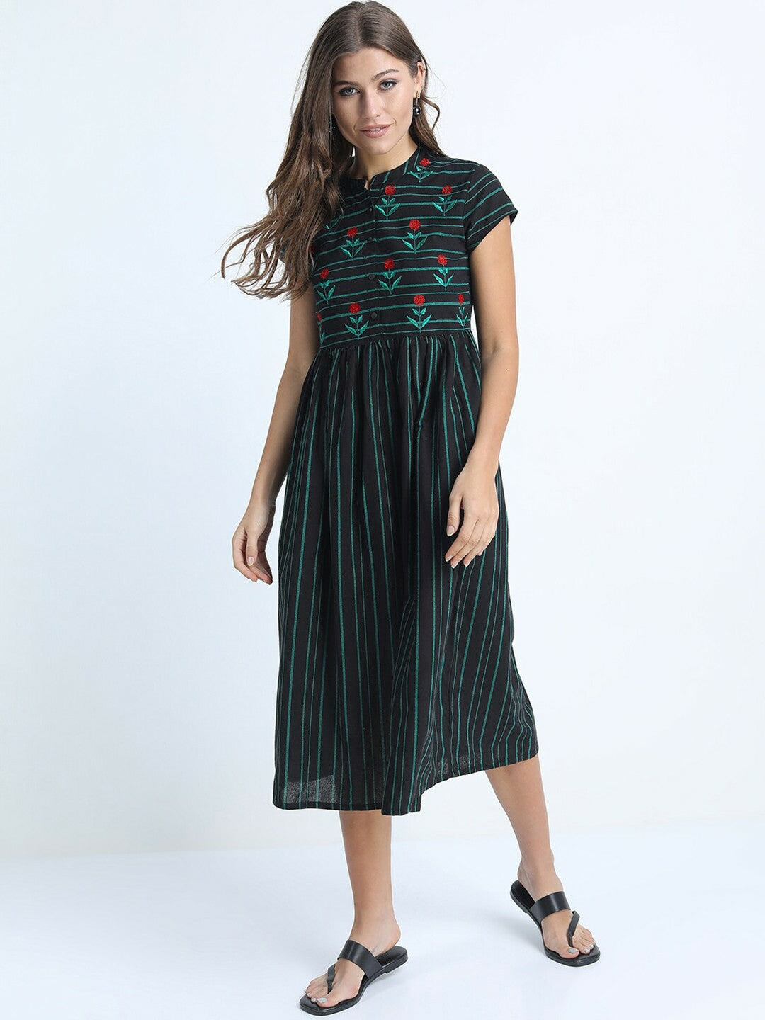 Black & Green Striped Fit & Flare Midi Dress Ethnic Elegance | Indiaista Indiaista.com Black & Green Striped Fit & Flare Midi Dress Ethnic Elegance | Indiaista Indiaista.com