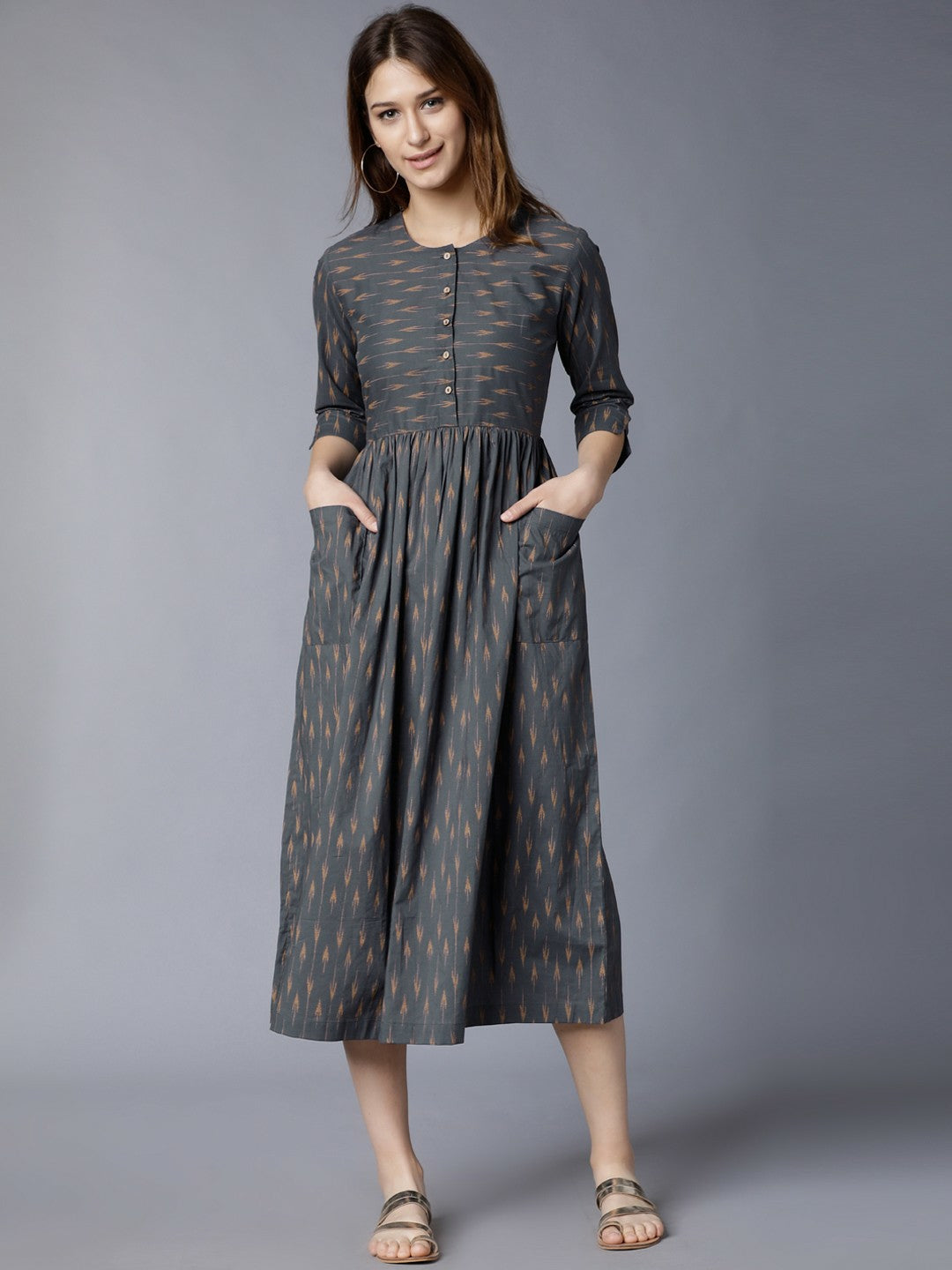 Buy Grey Printed Woven Fit & Flare Ethnic Dress Online | Indiaista
