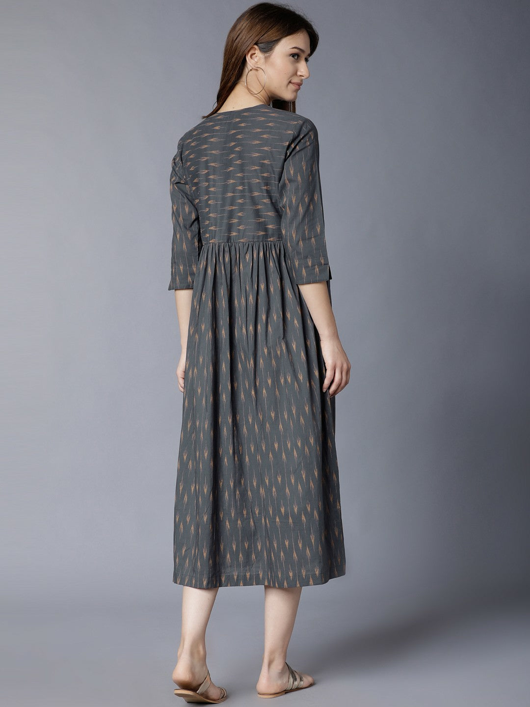 Buy Grey Printed Woven Fit & Flare Ethnic Dress Online | Indiaista