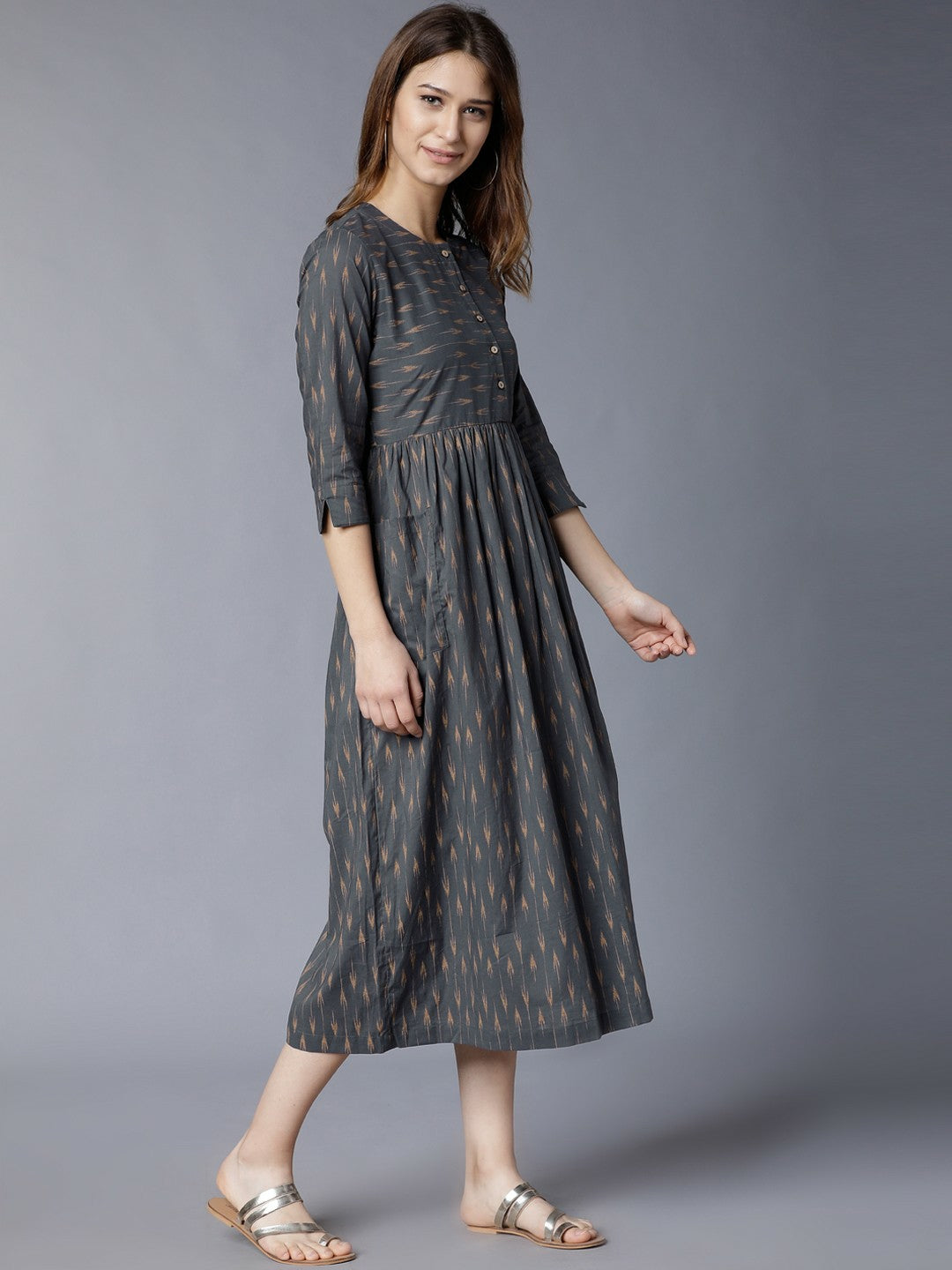 Buy Grey Printed Woven Fit & Flare Ethnic Dress Online | Indiaista