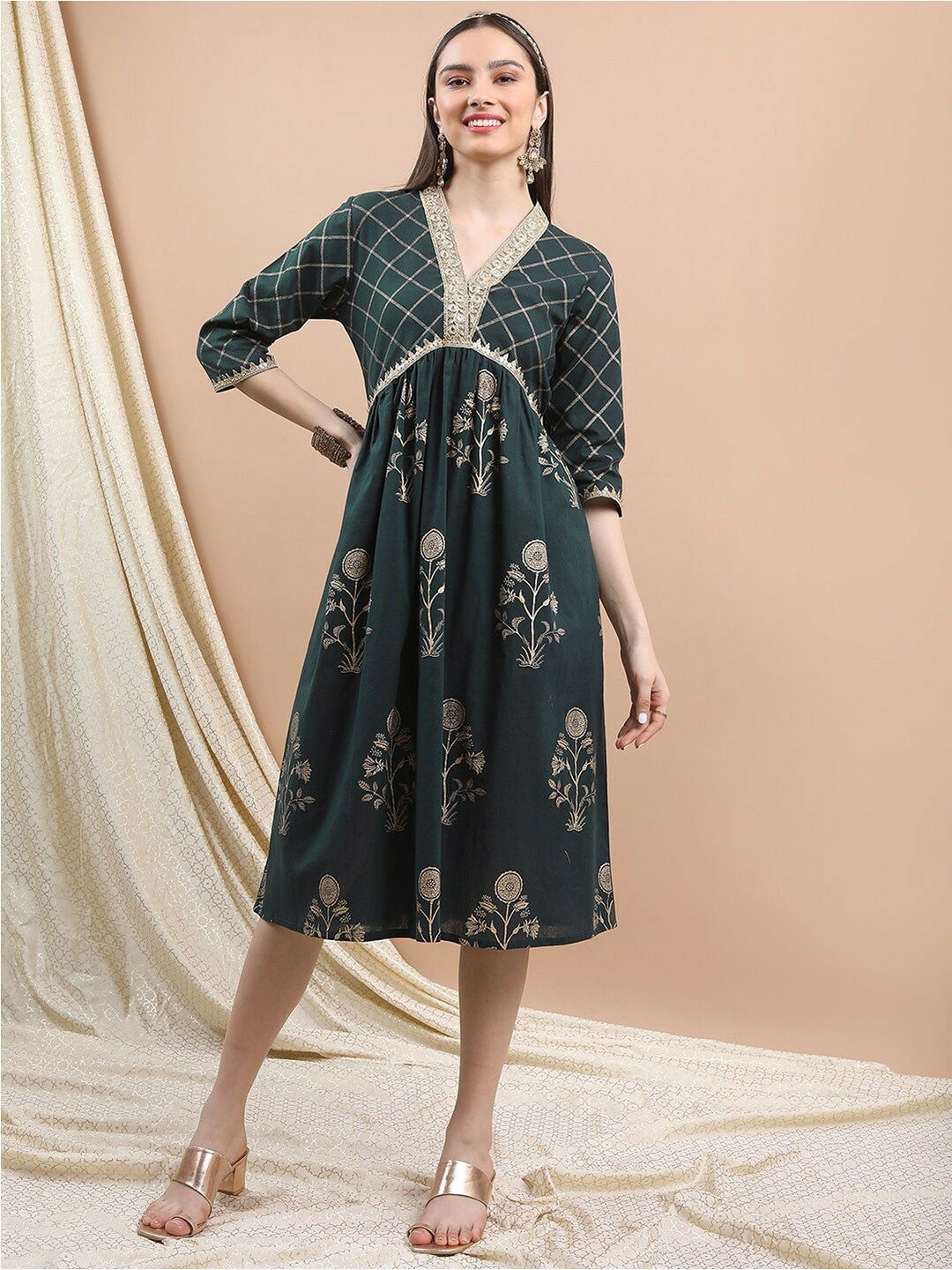 Green & Gold Floral Fit & Flare Ethnic Dress Sequined & Stylish | Indiaista Indiaista.com Green & Gold Floral Fit & Flare Ethnic Dress Sequined & Stylish | Indiaista Indiaista.com