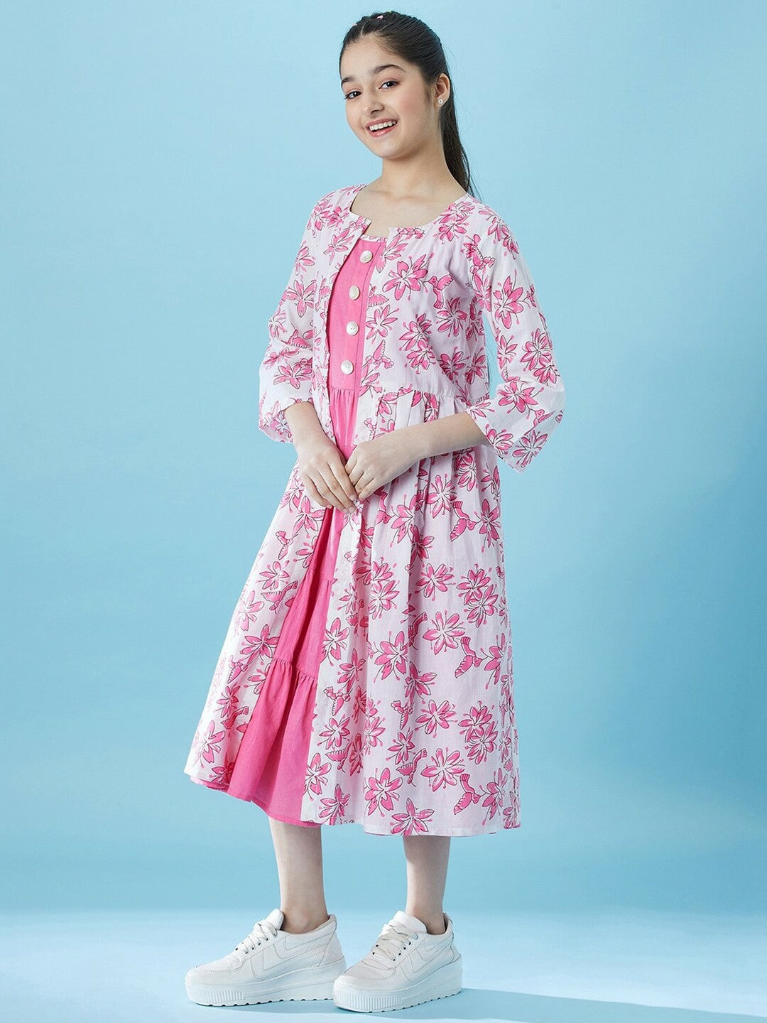 Buy Girls Fit & Flare Tiered Cotton Midi Dress with Shrug | Indiaista