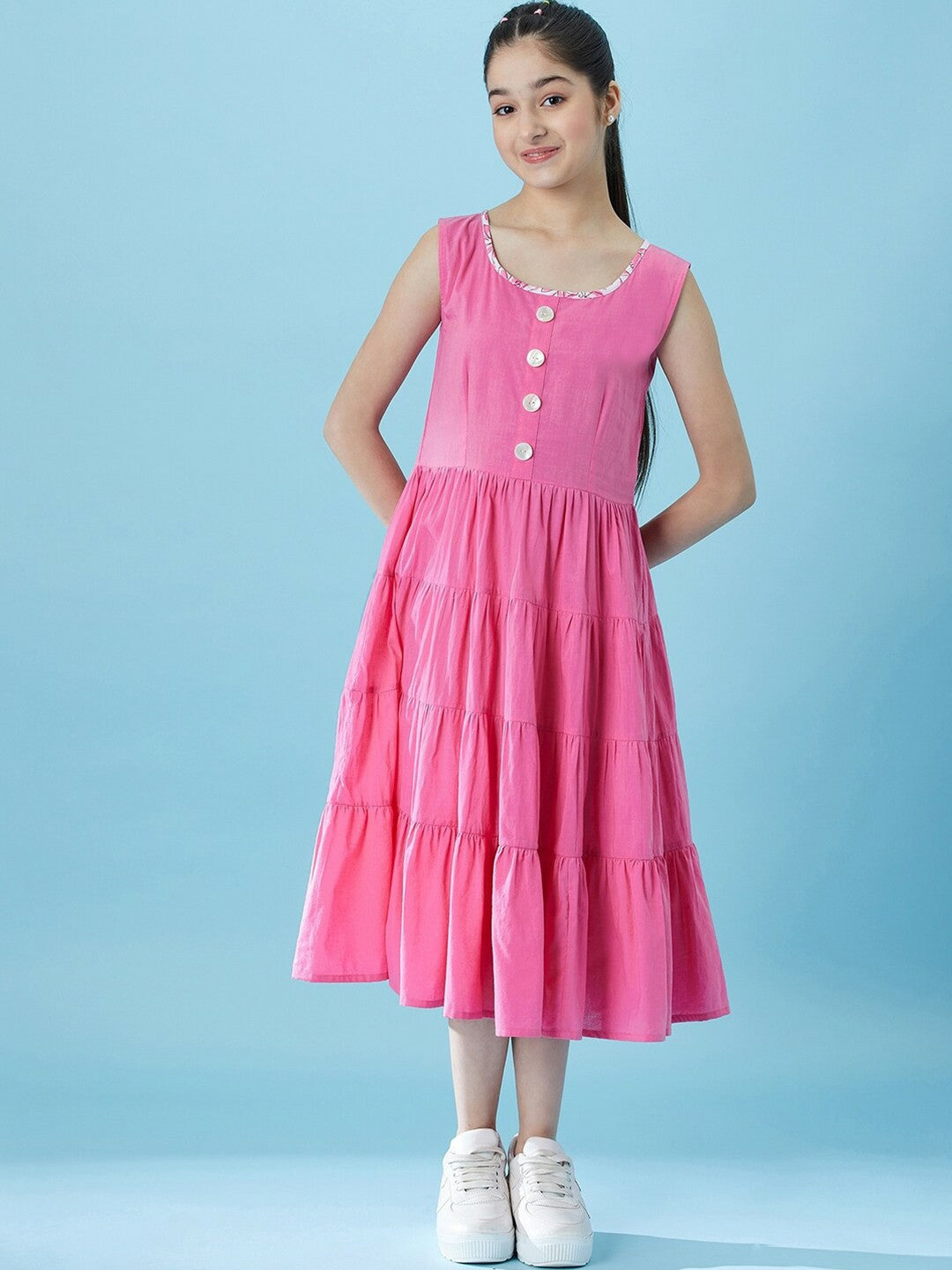 Buy Girls Fit & Flare Tiered Cotton Midi Dress with Shrug | Indiaista