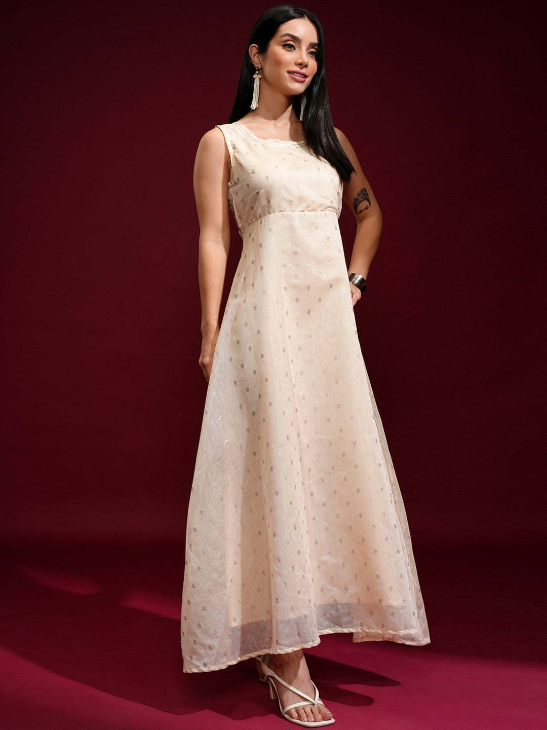 Peach Ethnic Motif Maxi Dress with Jacket – Stylish & Elegant | Indiaista