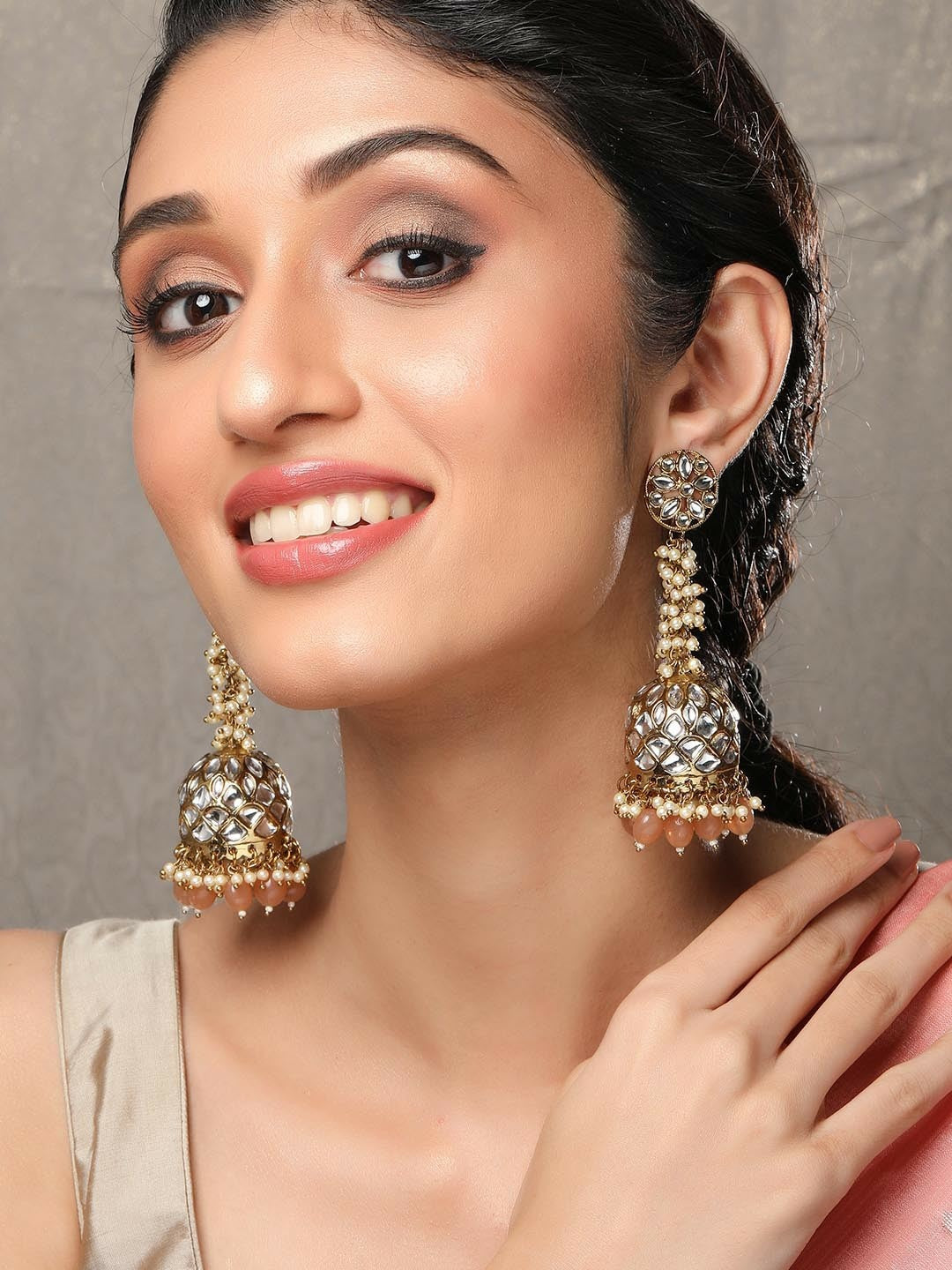 Women’s 22K Gold-Plated Kundan Jhumka Earrings – Handcrafted with Peach & Pearl Beads