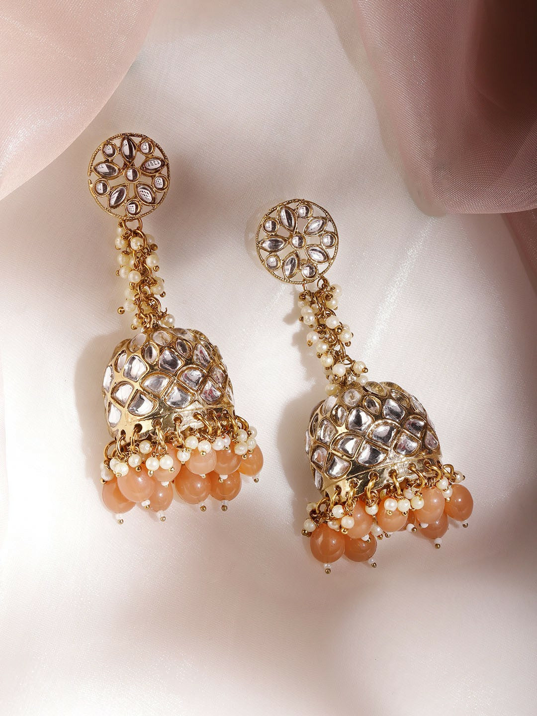 Women’s 22K Gold-Plated Kundan Jhumka Earrings – Handcrafted with Peach & Pearl Beads