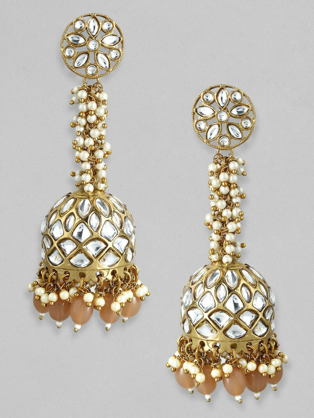 Women’s 22K Gold-Plated Kundan Jhumka Earrings – Handcrafted with Peach & Pearl Beads