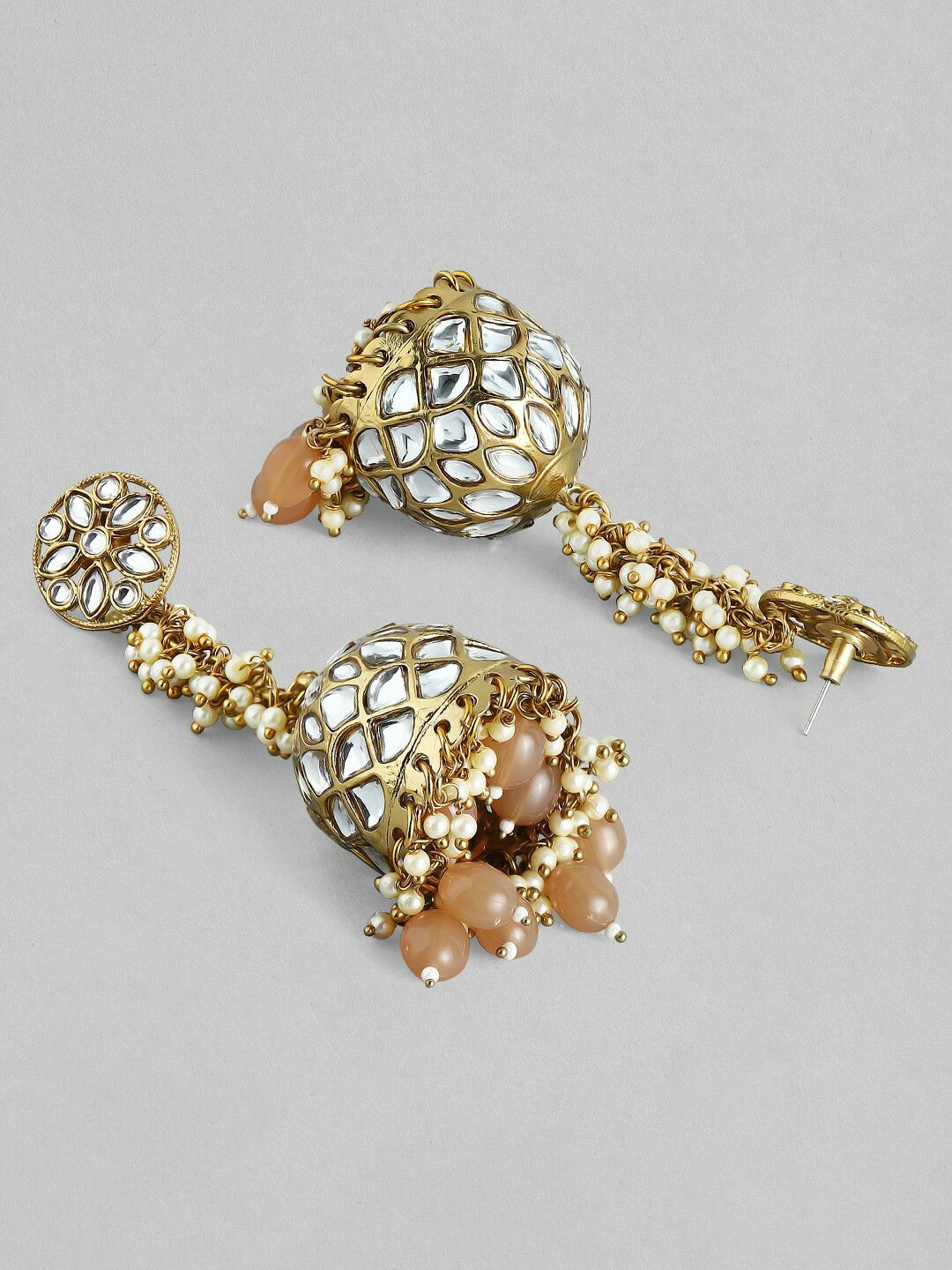 Women’s 22K Gold-Plated Kundan Jhumka Earrings – Handcrafted with Peach & Pearl Beads