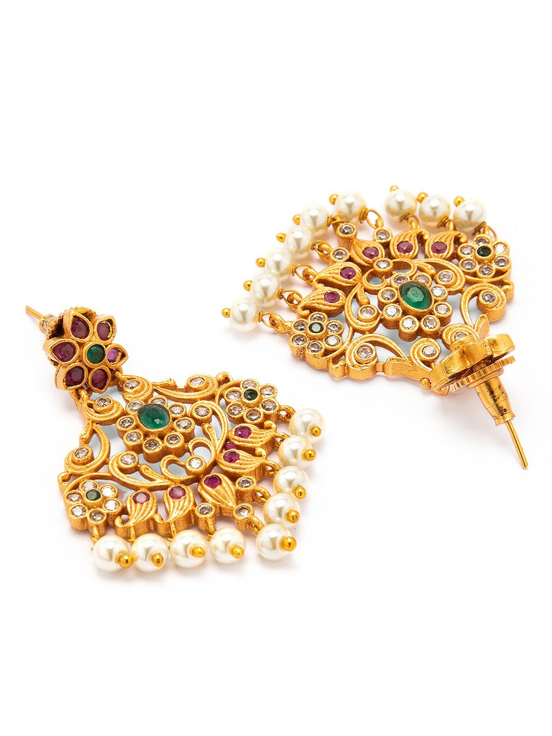 22K Gold Plated Ruby & Emerald Drop Earrings for Women – Floral Design with Pearl Drops