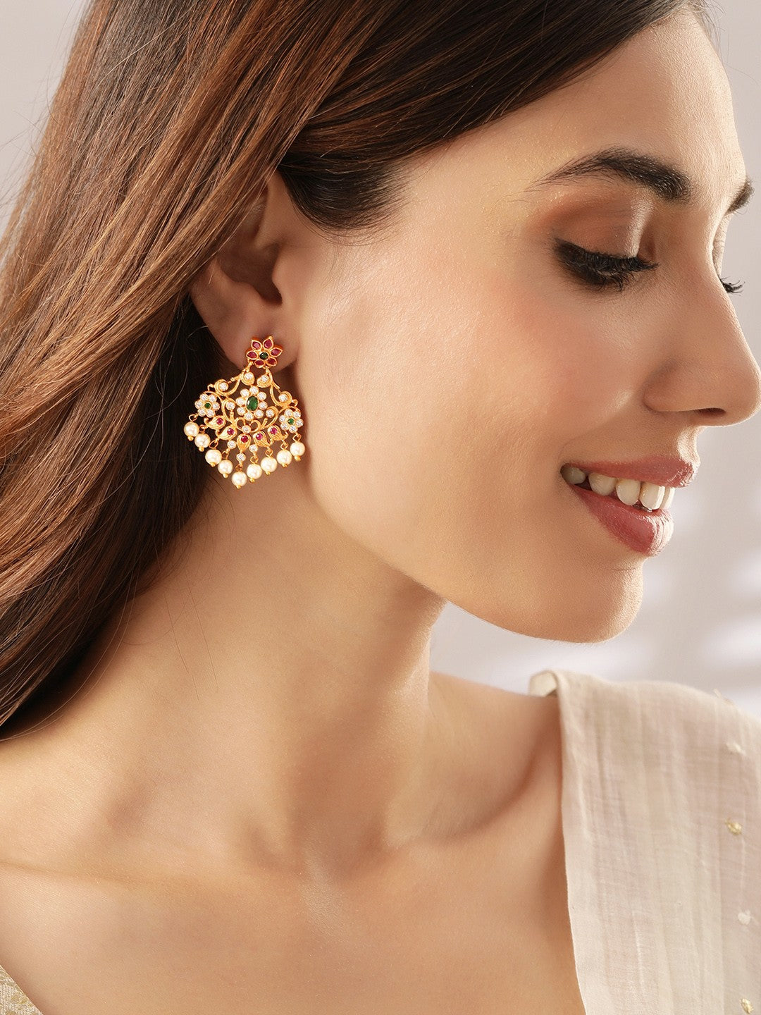 22K Gold Plated Ruby & Emerald Drop Earrings for Women – Floral Design with Pearl Drops