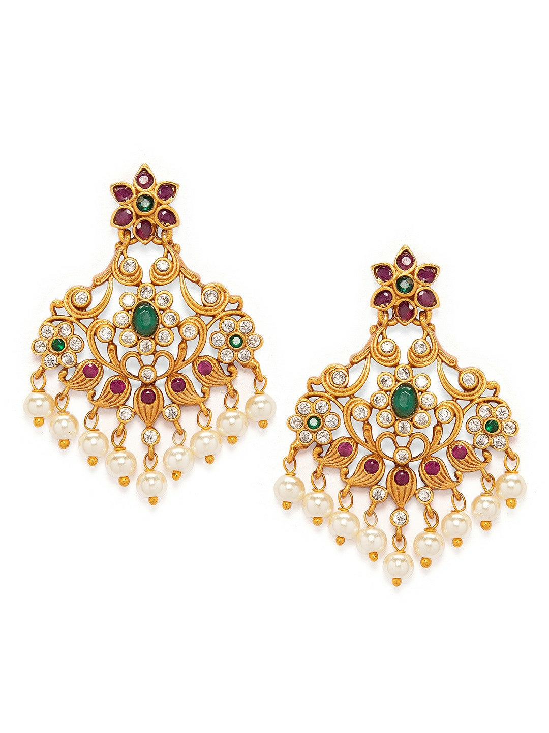 22K Gold Plated Ruby & Emerald Drop Earrings for Women – Floral Design with Pearl Drops