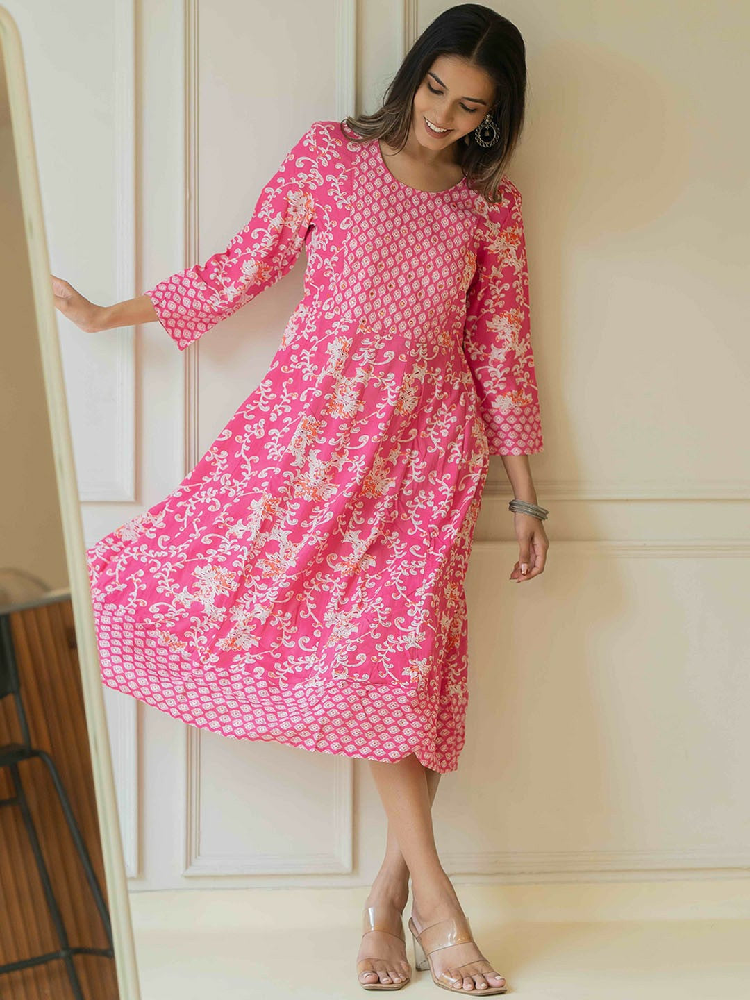 cotton ethnic dresses Floral Printed Pure Cotton Fit & Flare Midi Ethnic Dresses Rain & Rainbow