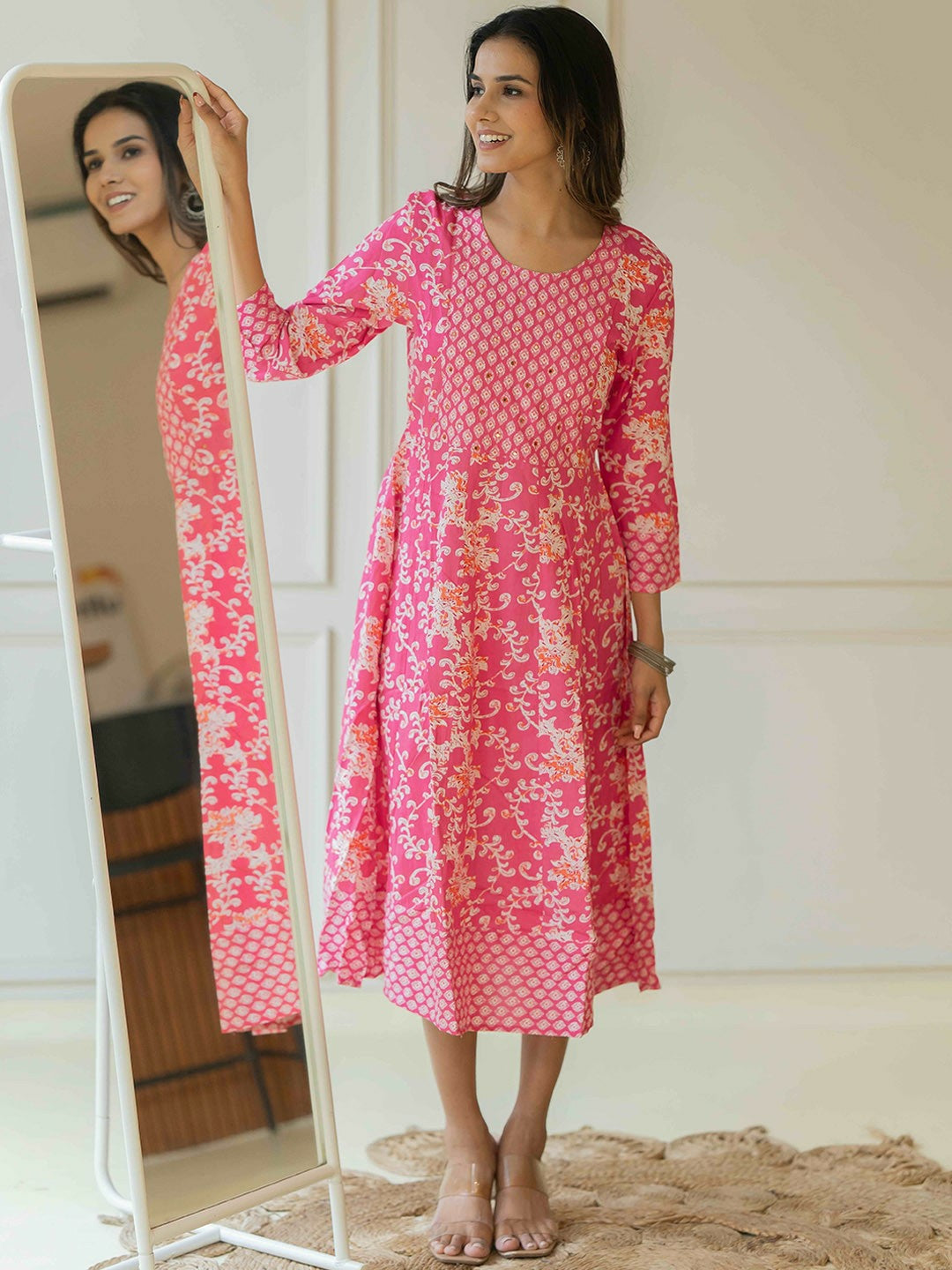 Buy Women’s Floral Printed Cotton Fit & Flare Midi Ethnic Dress Online – Indiaista