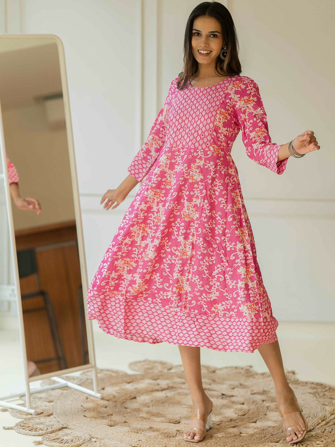 Buy Women’s Floral Printed Cotton Fit & Flare Midi Ethnic Dress Online – Indiaista