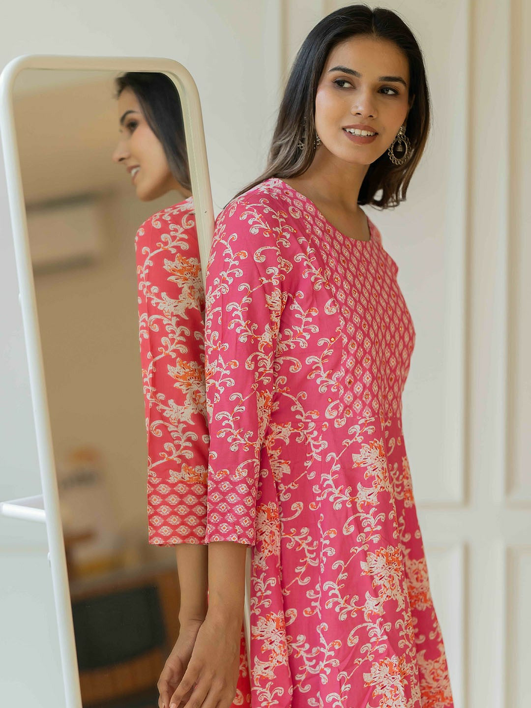 Buy Women’s Floral Printed Cotton Fit & Flare Midi Ethnic Dress Online – Indiaista