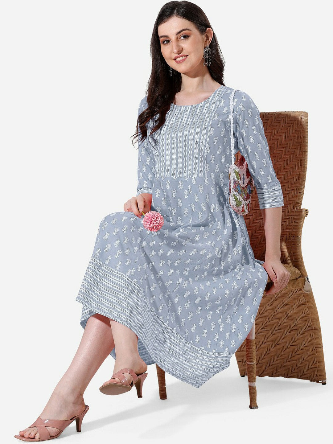 Light Blue Ethnic Printed Fit & Flare Dress – Elegant & Comfortable | Indiaista