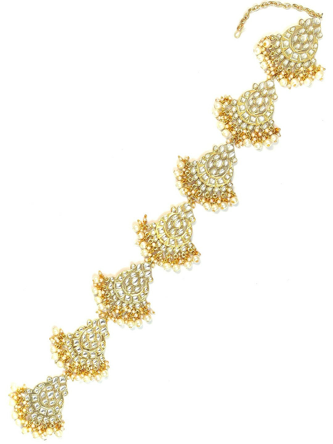Gold-Plated Kundan Head Chain for Women – White Beaded Hair Braid Choti | Indiaista
