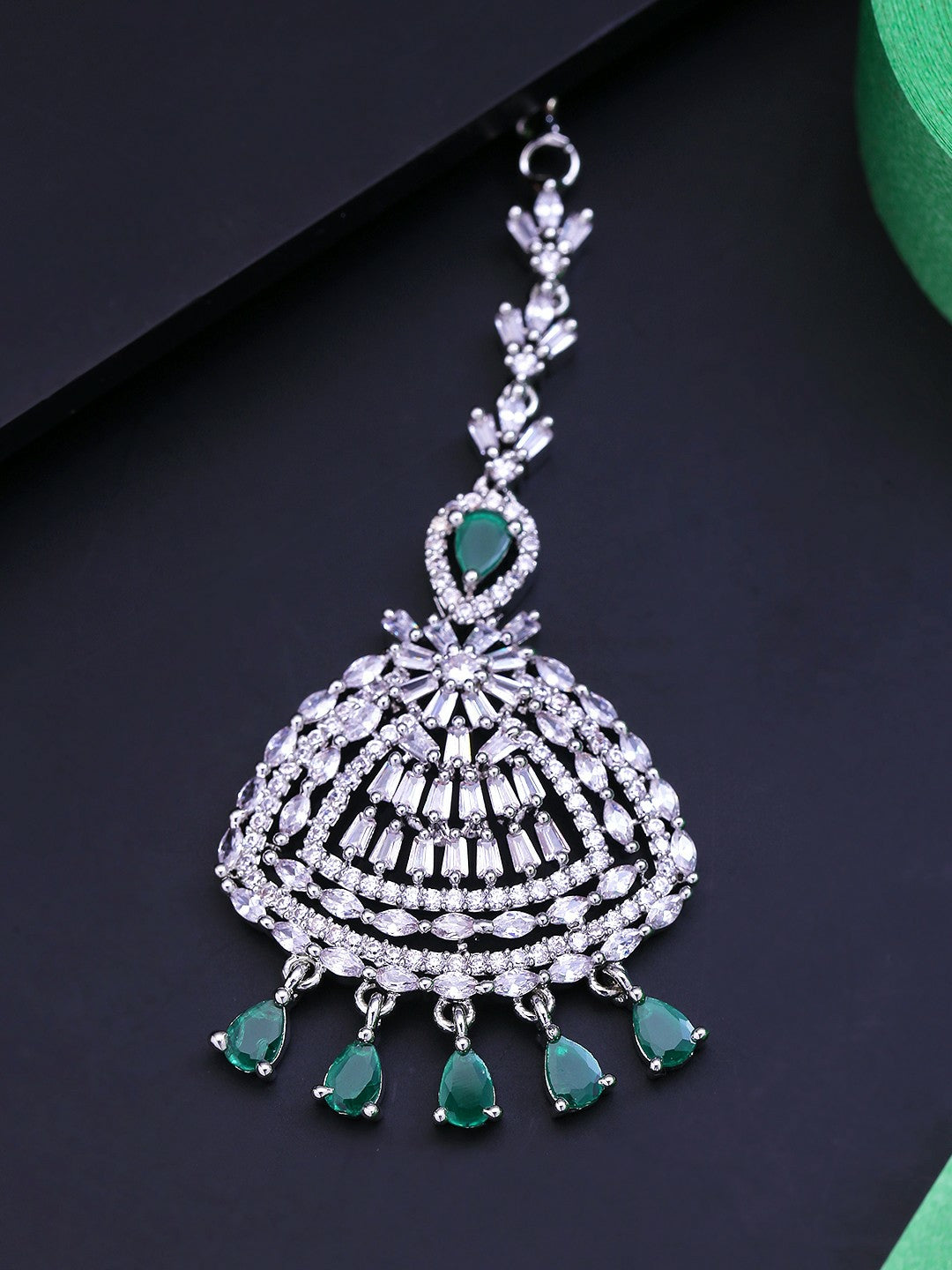 Silver-Plated Green AD Studded Matha Patti for Women – Handcrafted Maang Tikka | Indiaista