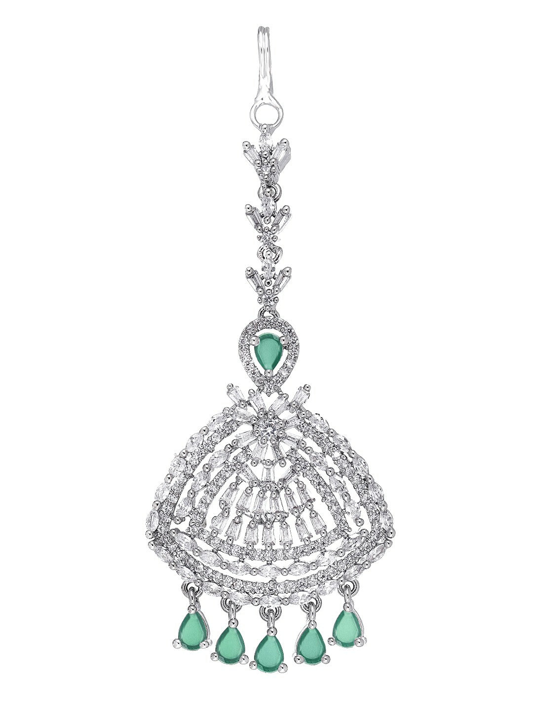 Silver-Plated Green AD Studded Matha Patti for Women – Handcrafted Maang Tikka | Indiaista