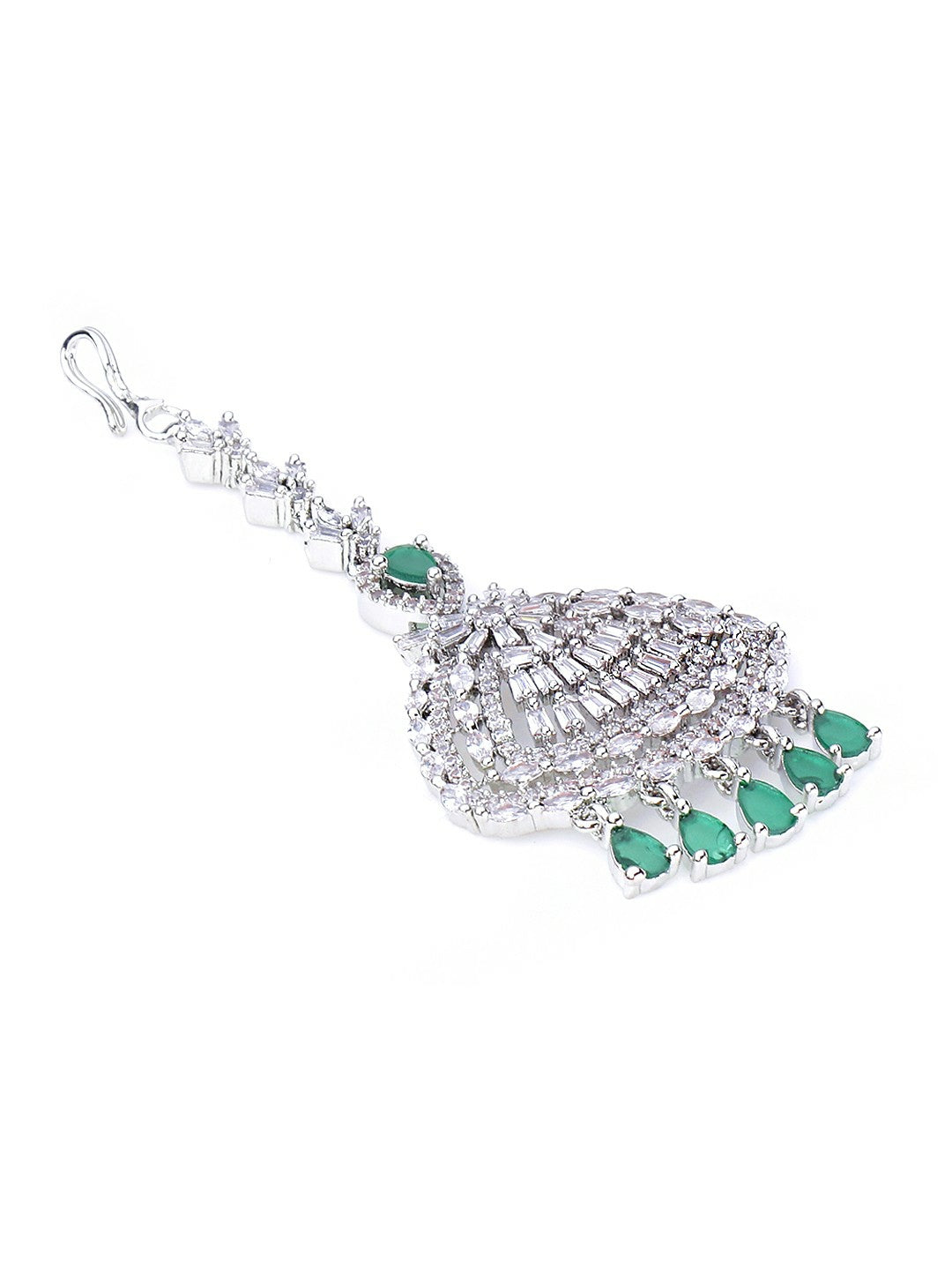 Silver-Plated Green AD Studded Matha Patti for Women – Handcrafted Maang Tikka | Indiaista