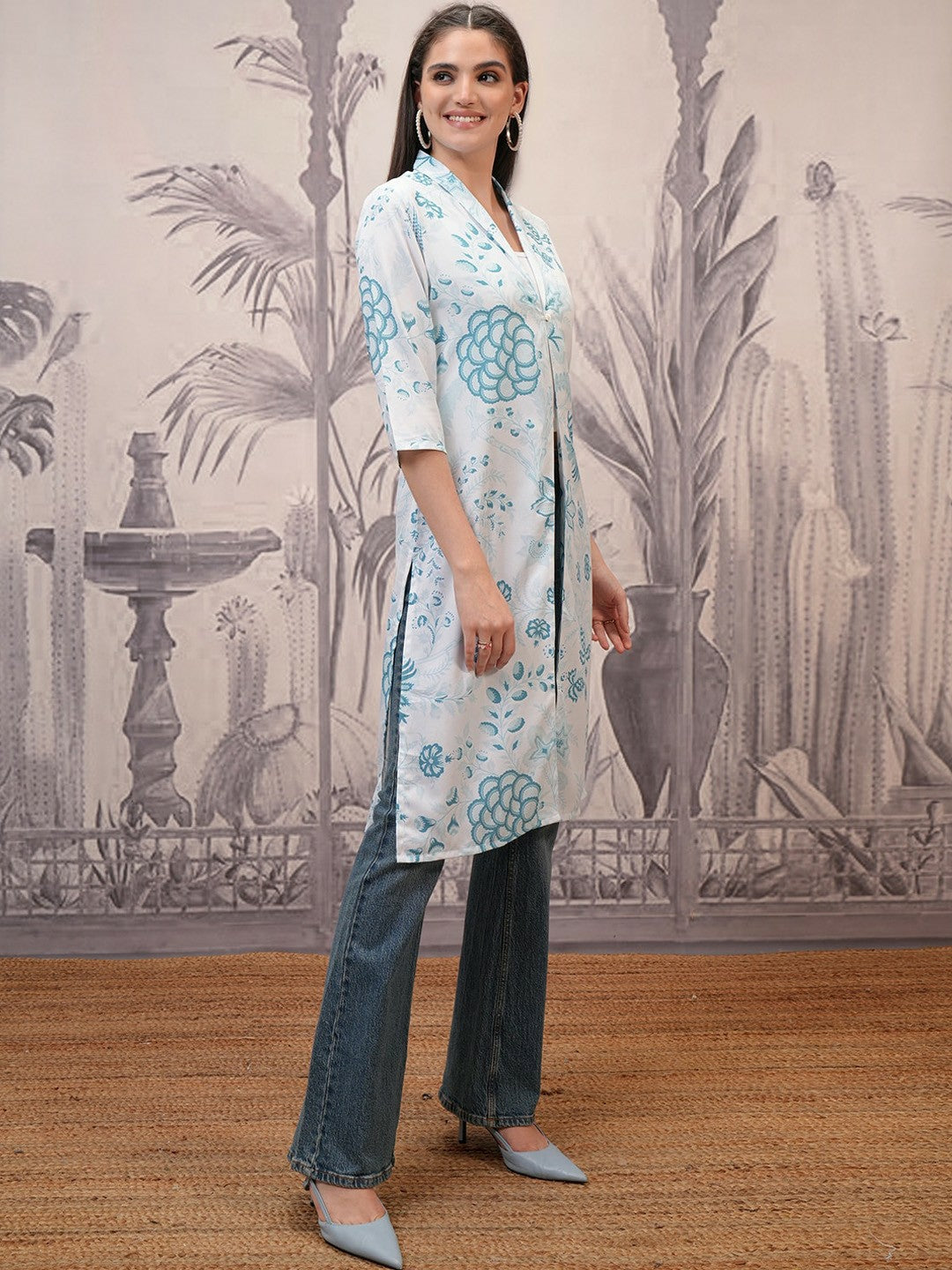 Buy Women’s Longline Padded Jacket – Stylish Blue Graphic Print with Faux Fur | Indiaista