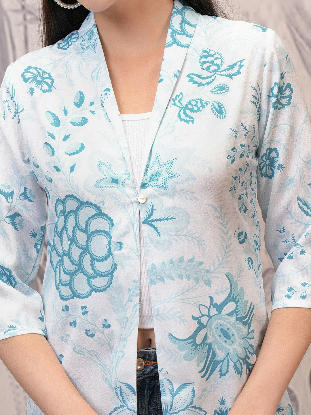 Buy Women’s Longline Padded Jacket – Stylish Blue Graphic Print with Faux Fur | Indiaista