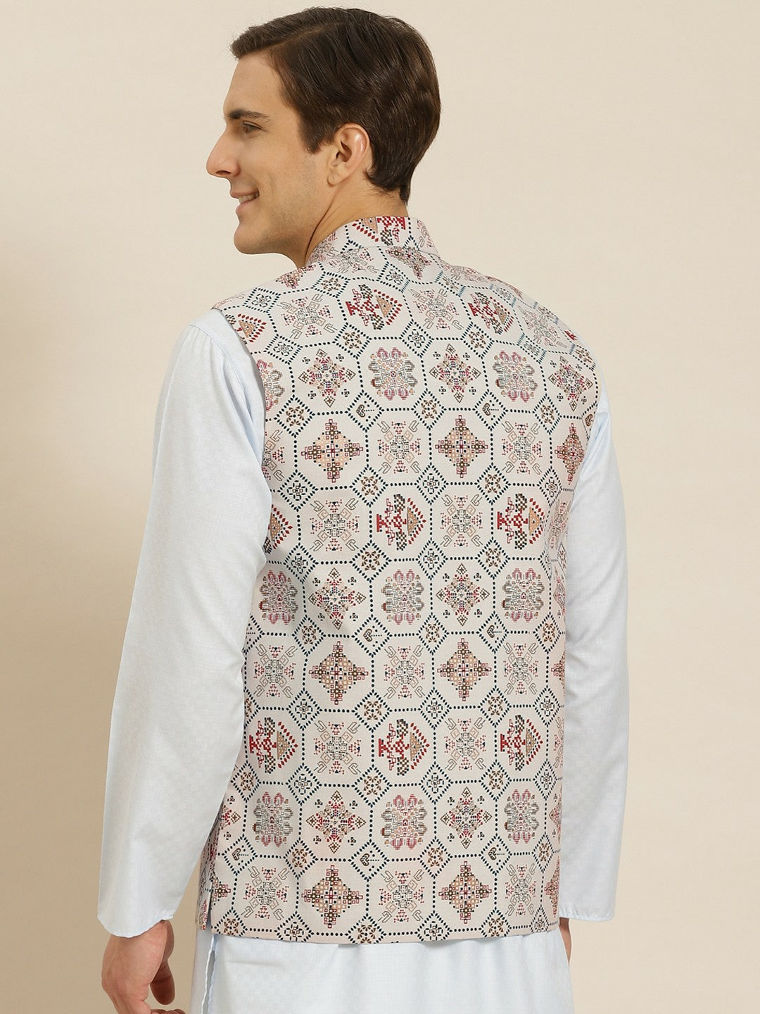 Men’s Off-White Printed Cotton Linen Nehru Jacket – Traditional Elegance