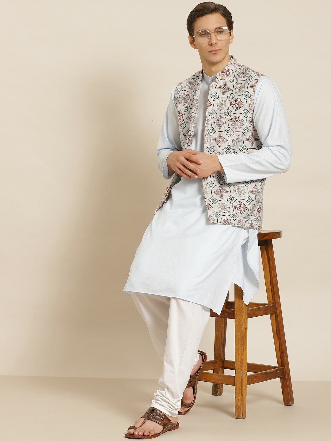 Men’s Off-White Printed Cotton Linen Nehru Jacket – Traditional Elegance