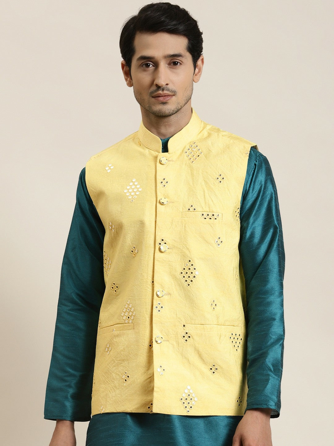 Men’s Yellow Mirror Work Nehru Jacket – Festive Elegance