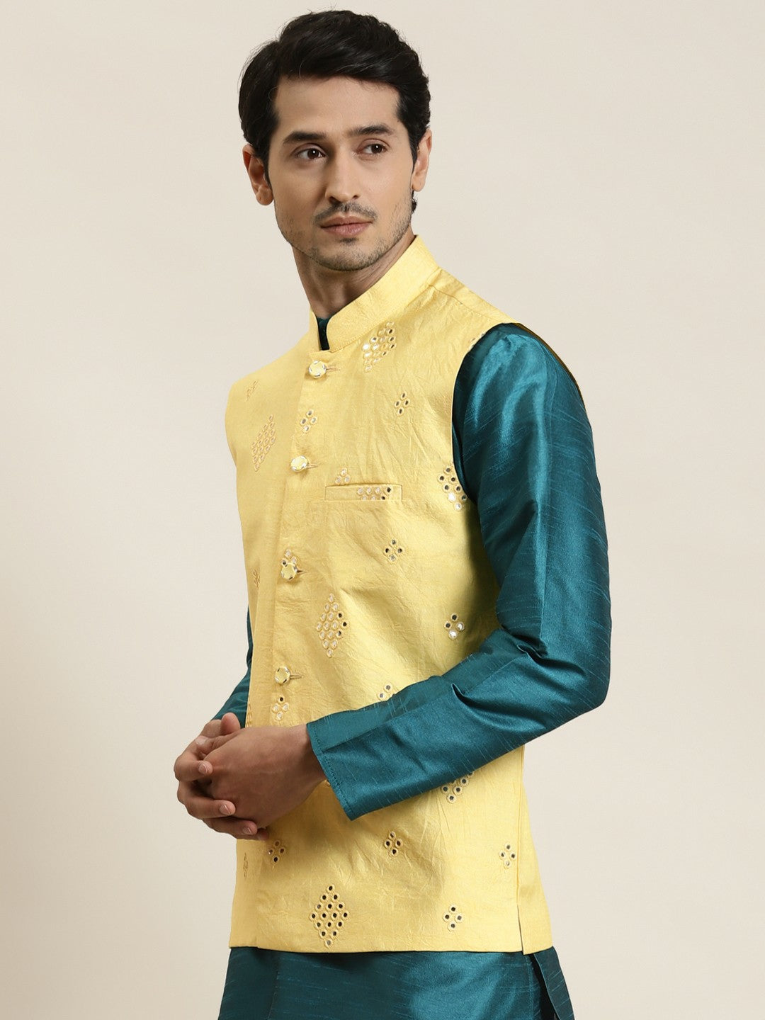 Men’s Yellow Mirror Work Nehru Jacket – Festive Elegance