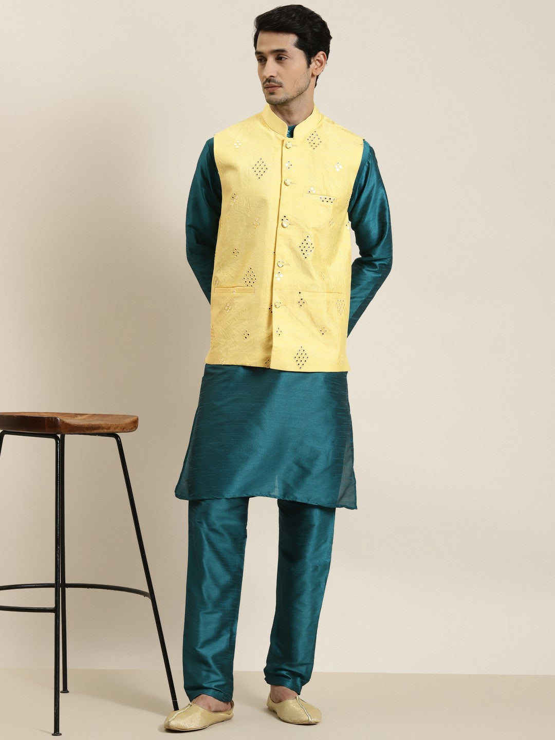 Men’s Yellow Mirror Work Nehru Jacket – Festive Elegance