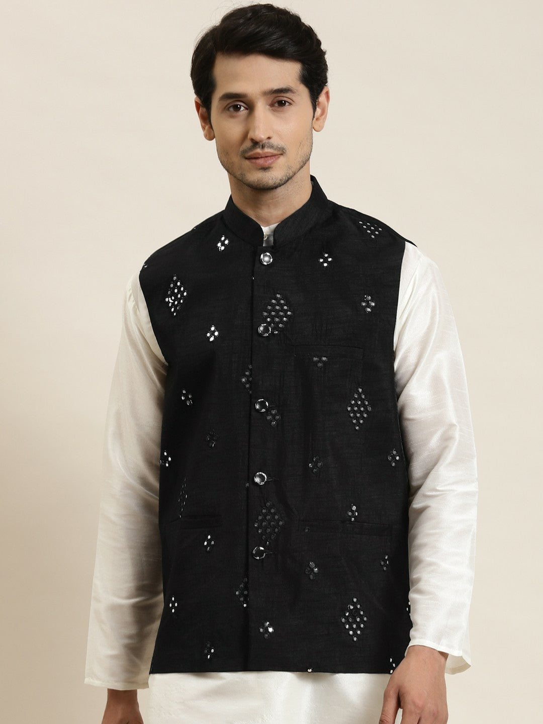 Men’s Black Mirror Work Nehru Jacket – Festive Sophistication