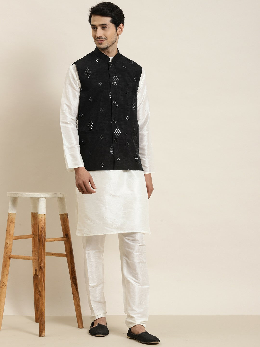 Men’s Black Mirror Work Nehru Jacket – Festive Sophistication