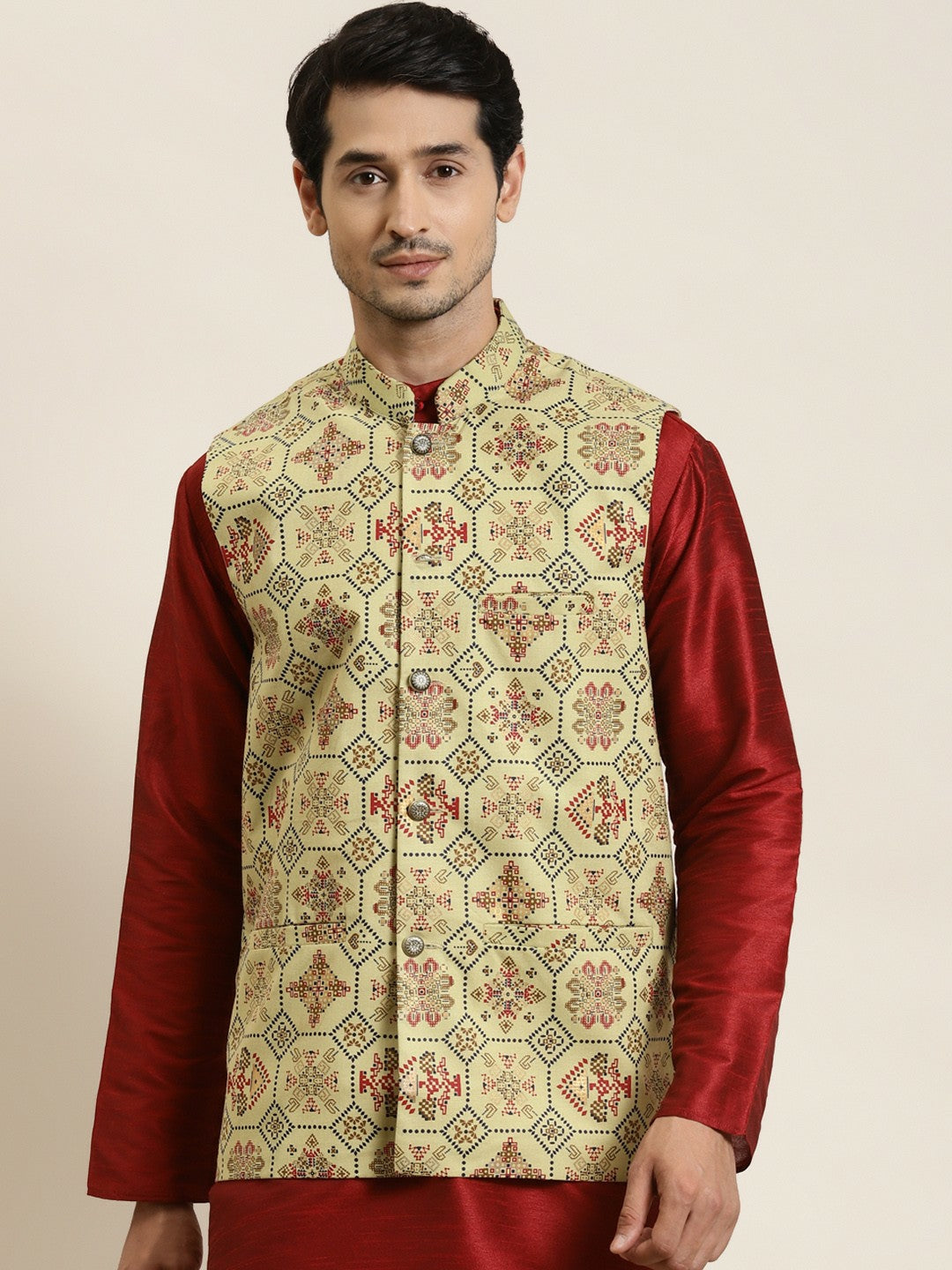 Men’s Olive Green Ethnic Motifs Printed Nehru Jacket – Traditional Elegance