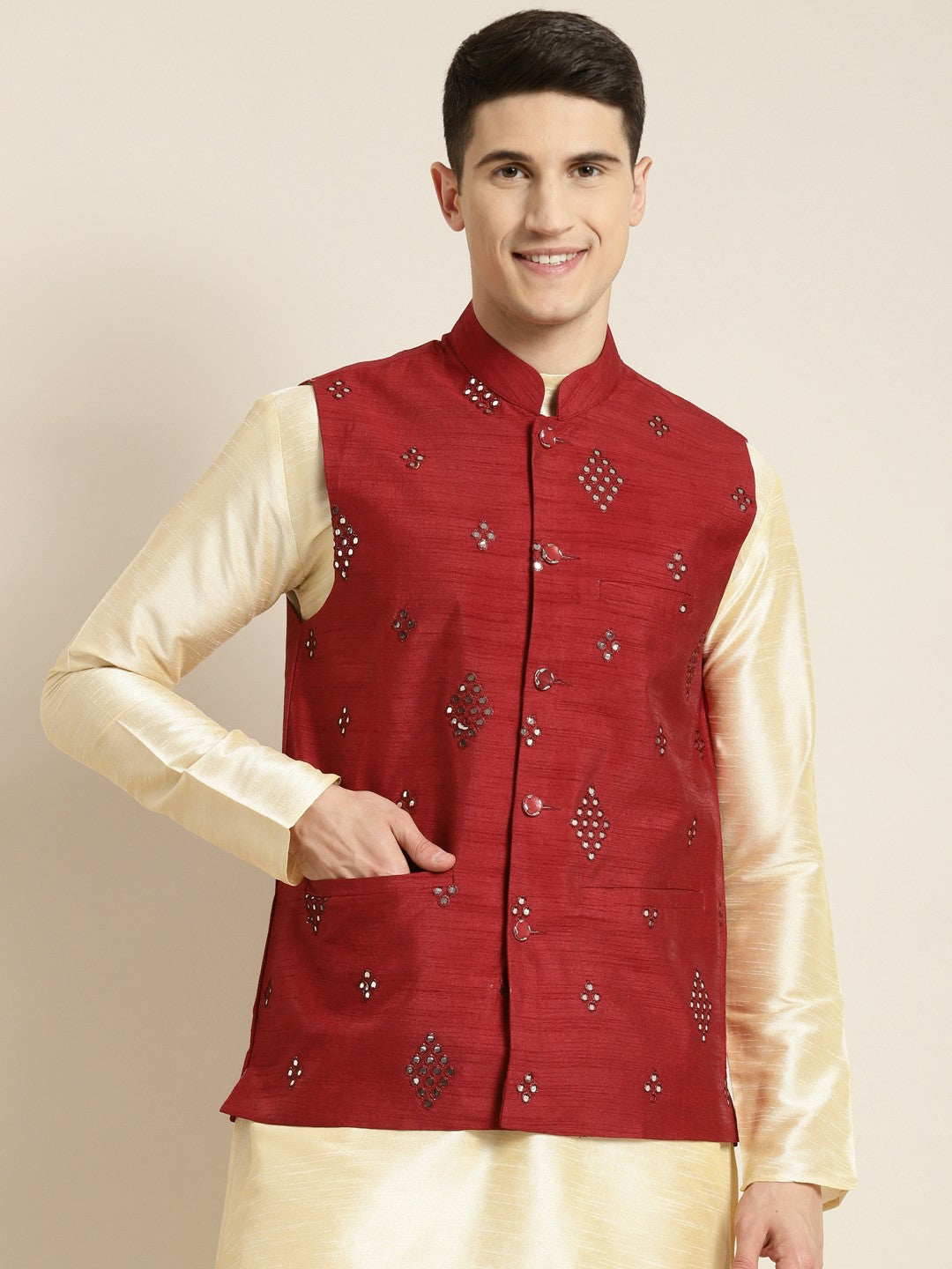 Men’s Maroon Mirror Work Nehru Jacket – Festive Elegance