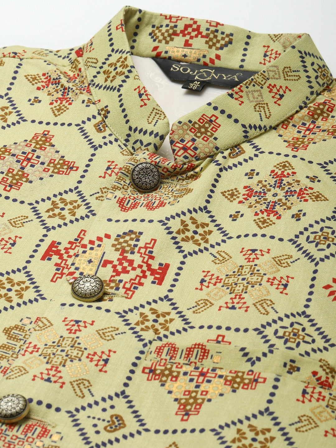 Men’s Olive Green Ethnic Motifs Printed Nehru Jacket – Traditional Elegance
