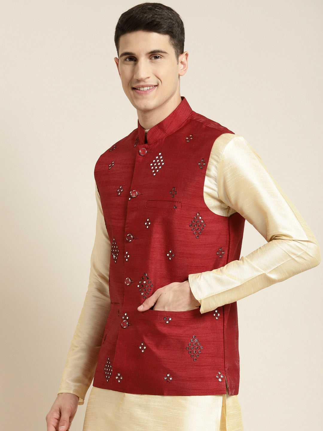 Men’s Maroon Mirror Work Nehru Jacket – Festive Elegance