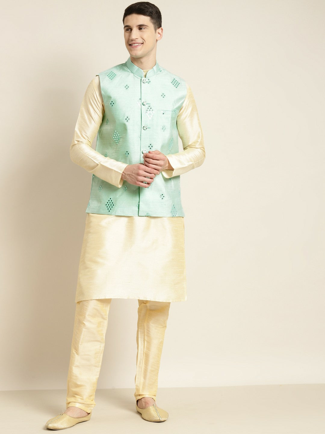Men’s Sea Green Mirror Work Nehru Jacket – Festive Elegance