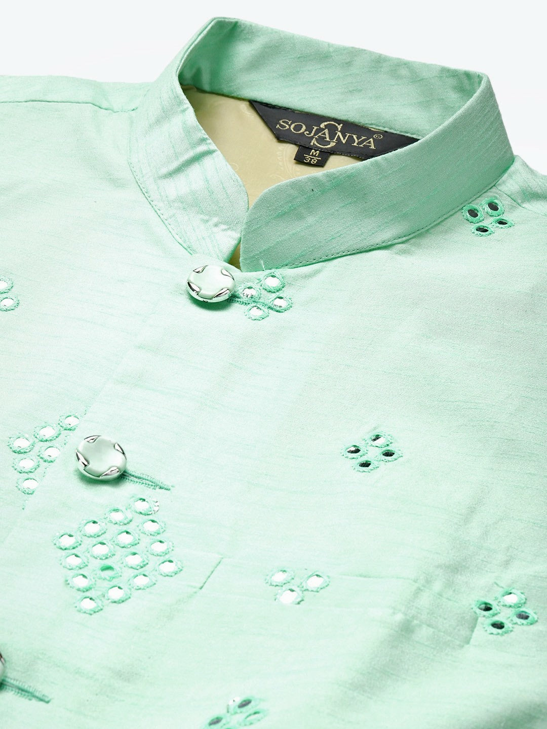 Men’s Sea Green Mirror Work Nehru Jacket – Festive Elegance