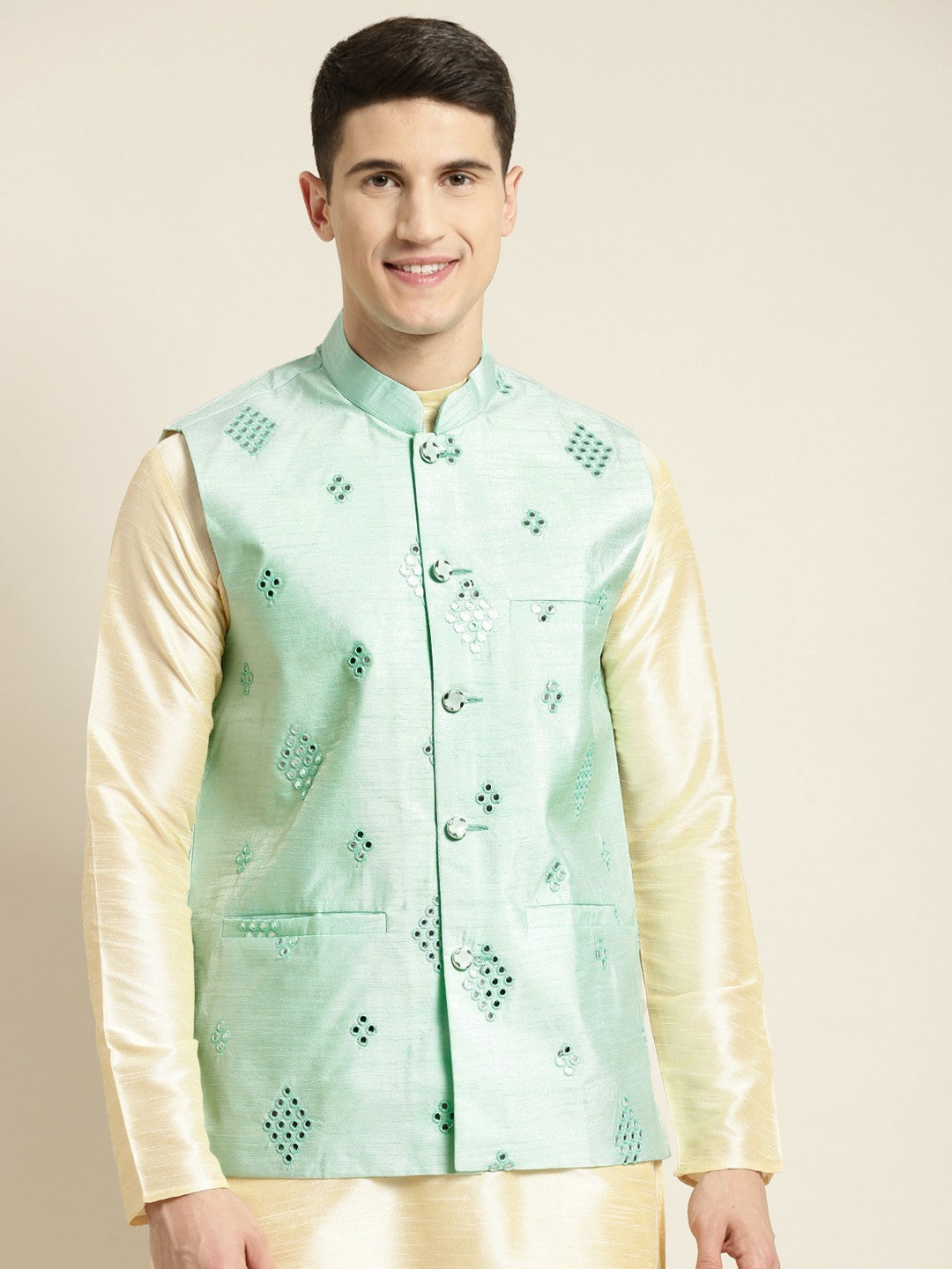 Men’s Sea Green Mirror Work Nehru Jacket – Festive Elegance