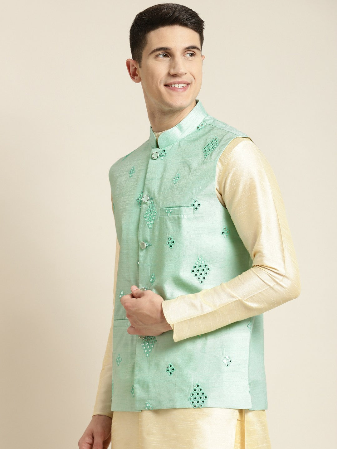 Men’s Sea Green Mirror Work Nehru Jacket – Festive Elegance