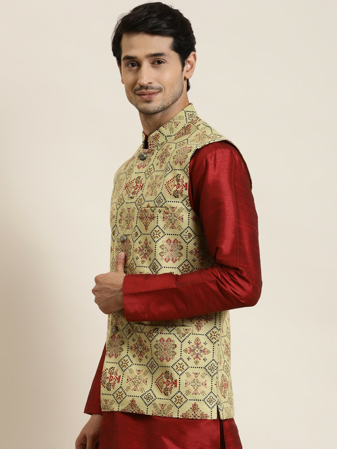 Men’s Olive Green Ethnic Motifs Printed Nehru Jacket – Traditional Elegance