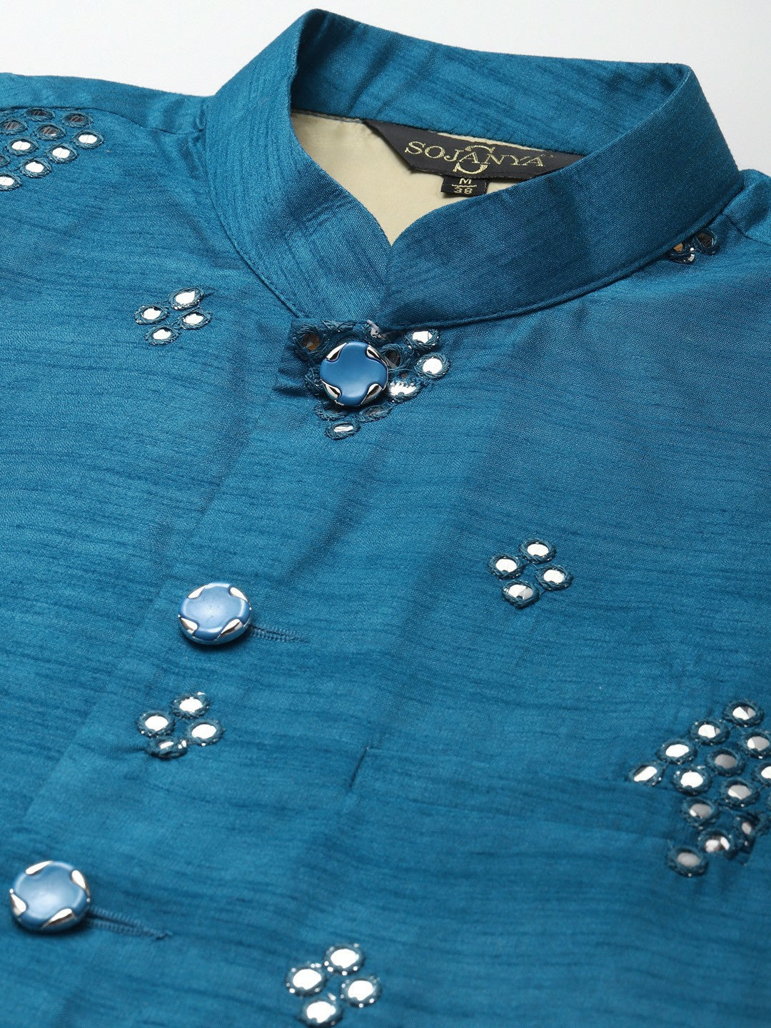 Men’s Blue Mirror Work Nehru Jacket – Festive Elegance