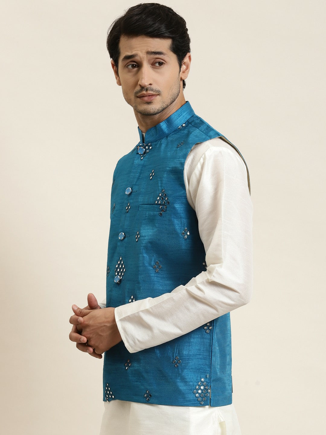 Men’s Blue Mirror Work Nehru Jacket – Festive Elegance