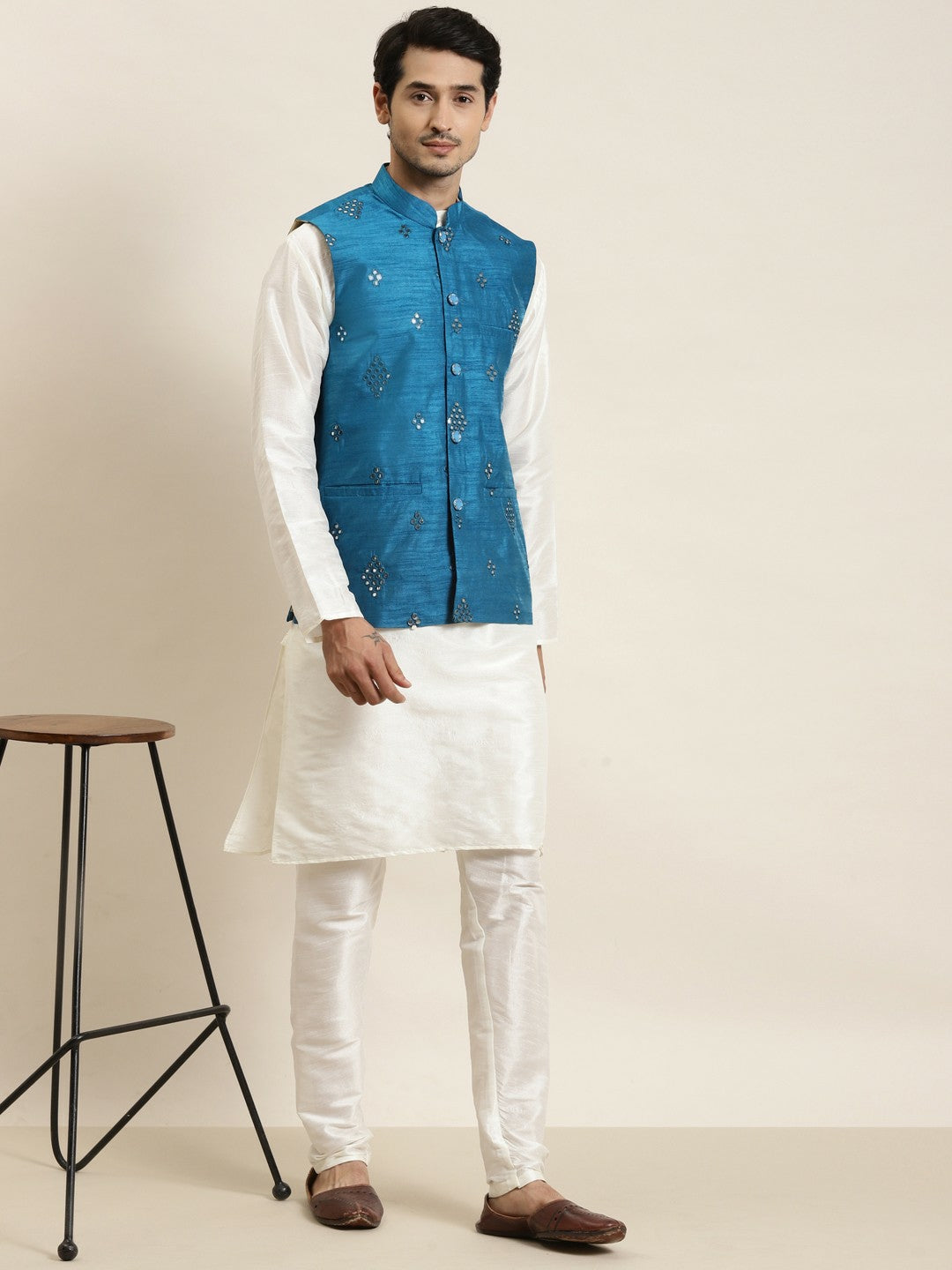 Men’s Blue Mirror Work Nehru Jacket – Festive Elegance