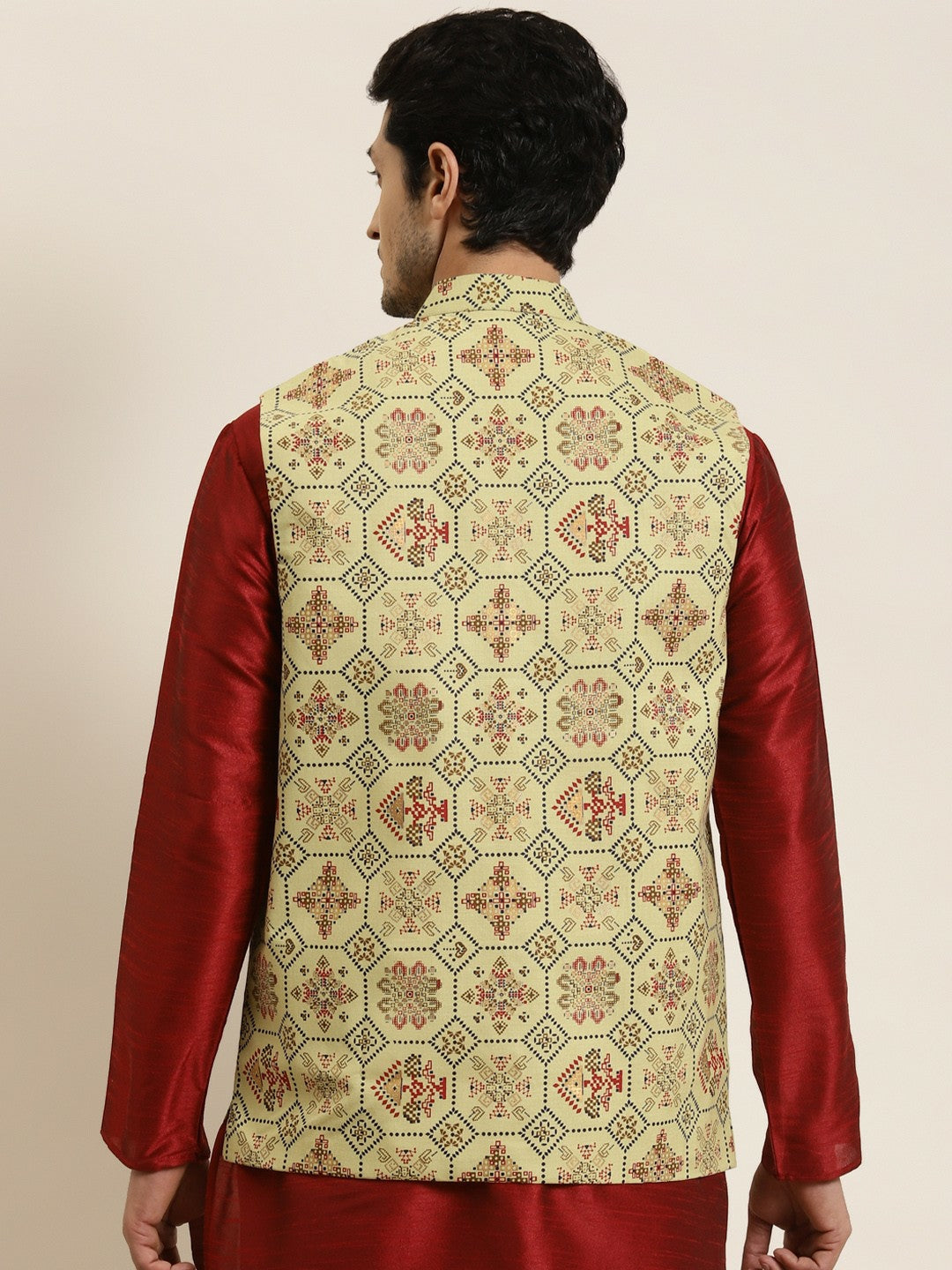 Men’s Olive Green Ethnic Motifs Printed Nehru Jacket – Traditional Elegance