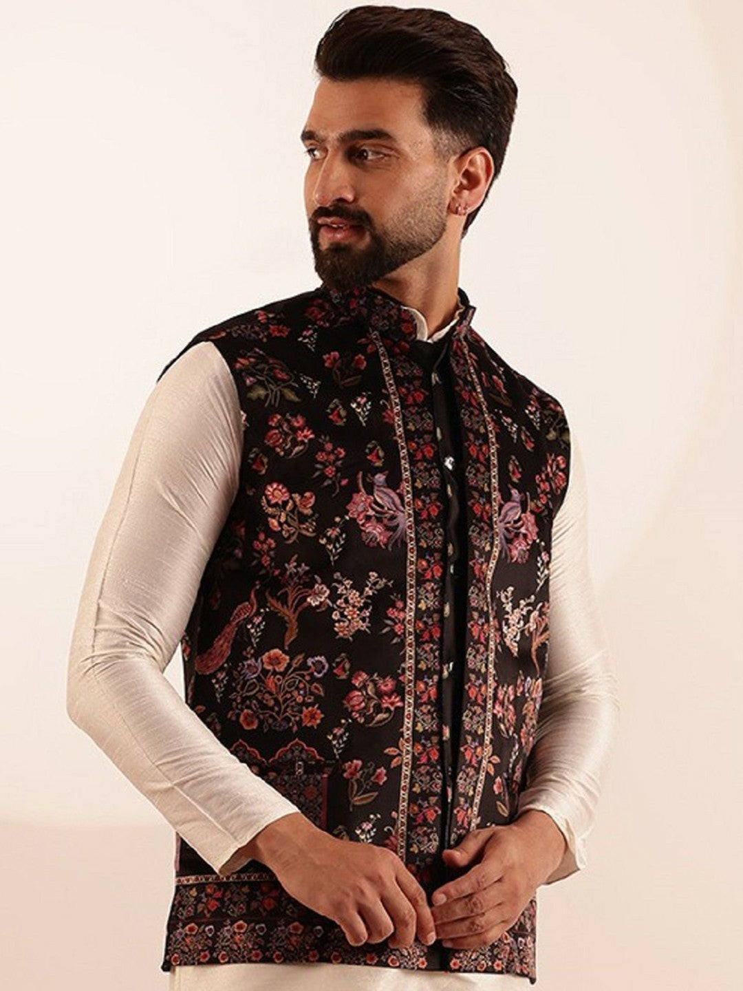 Men’s Black Paisley Printed Nehru Jacket – Traditional Elegance