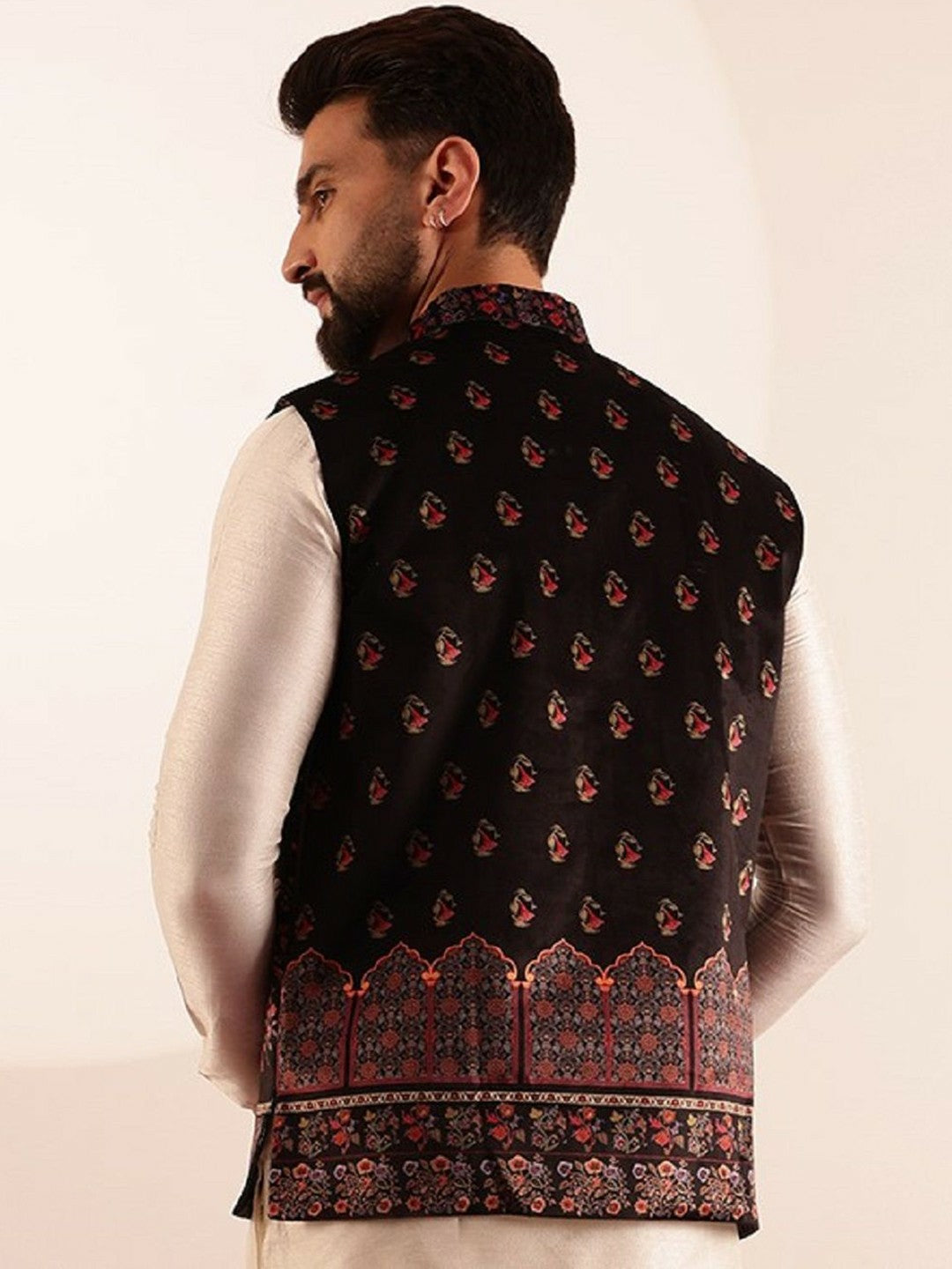Men’s Black Paisley Printed Nehru Jacket – Traditional Elegance